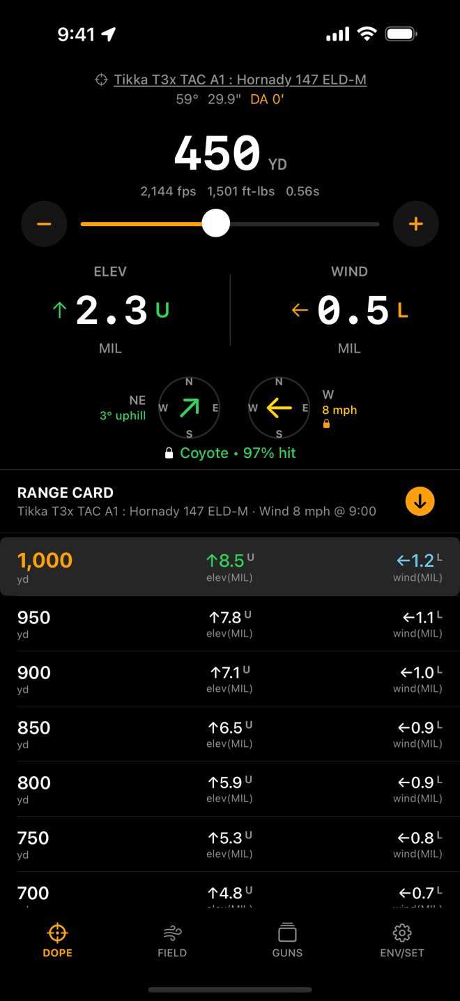 Wrist Dope Live Fire and hit probability on iPhone